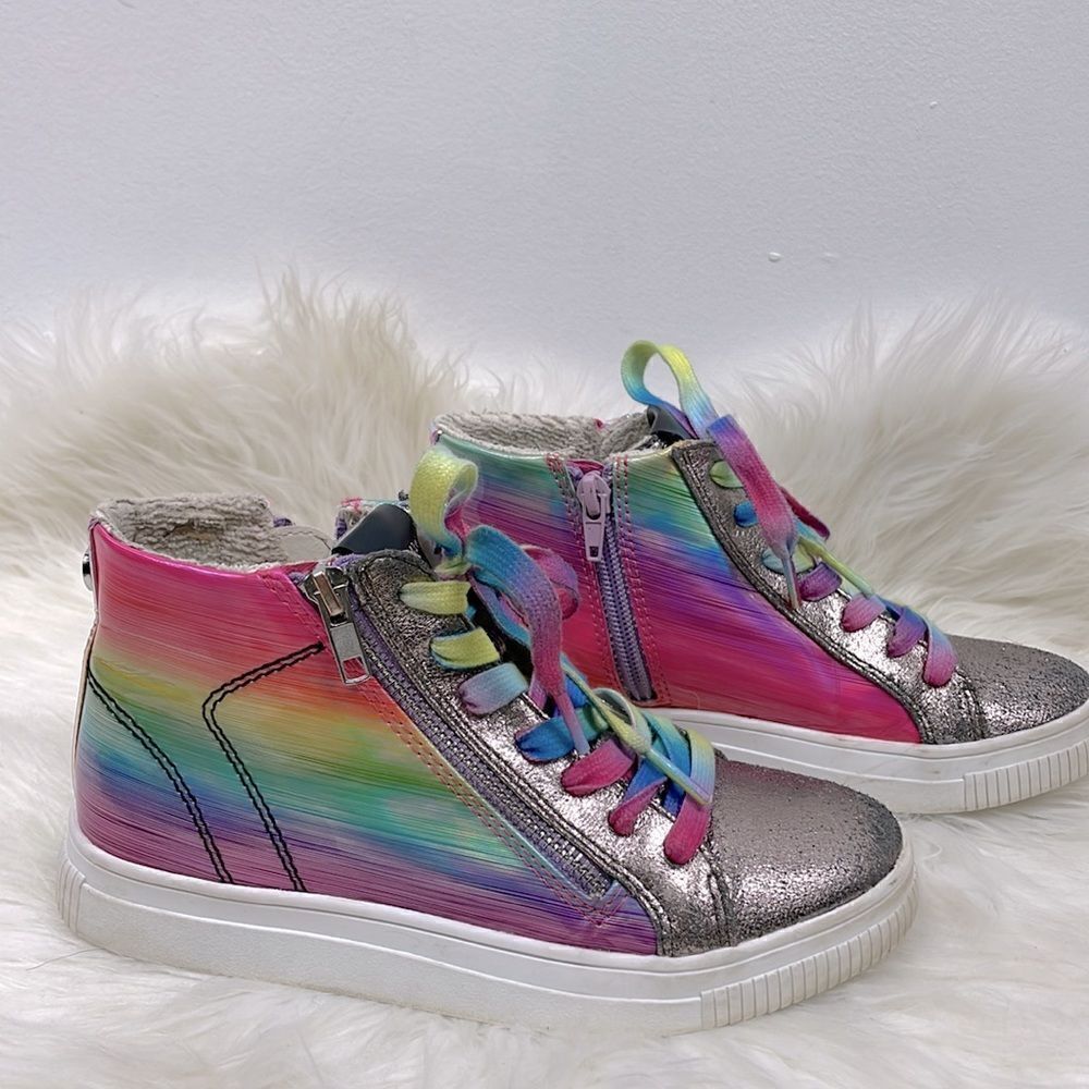 Steve Madden | Holographic high top sneakers 3.0 rainbow laces.